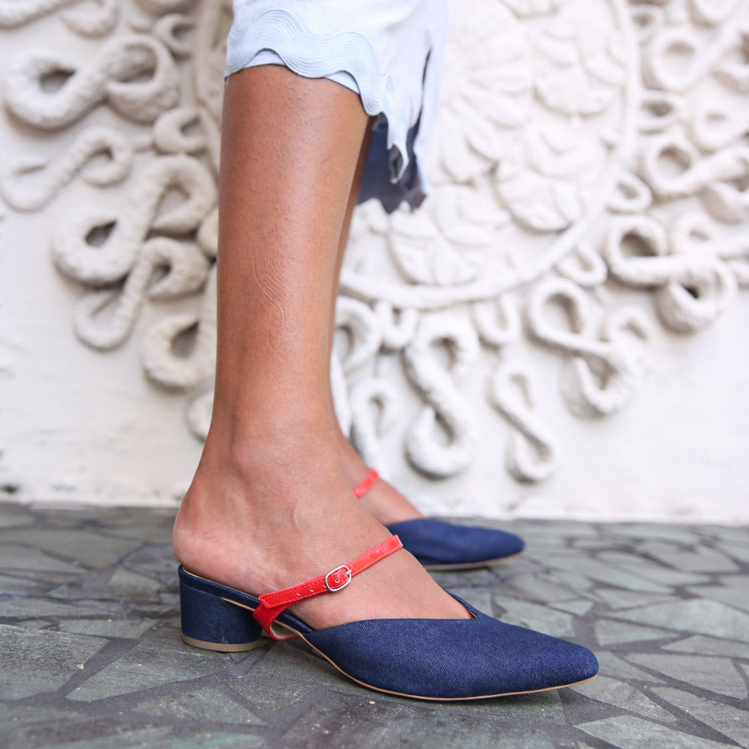 Recycled Denim Personalized Womens Slides + Red Gloss Twiggy Strap | Alterre Create Your Own Shoe - Sustainable Footwear Brand & Ethical Shoe Company