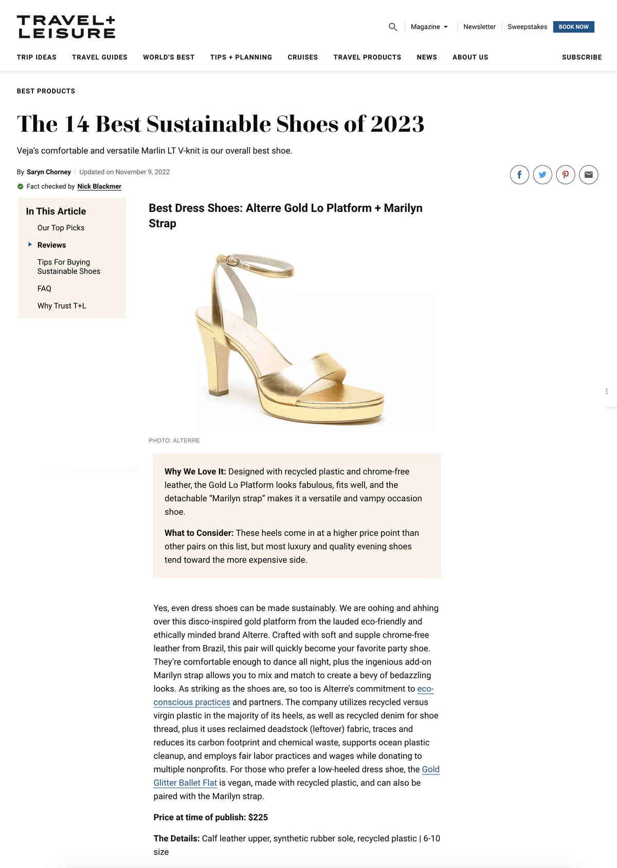 Alterre shoes featured on Travel + Leisure - Customizable Gold Platform Heels