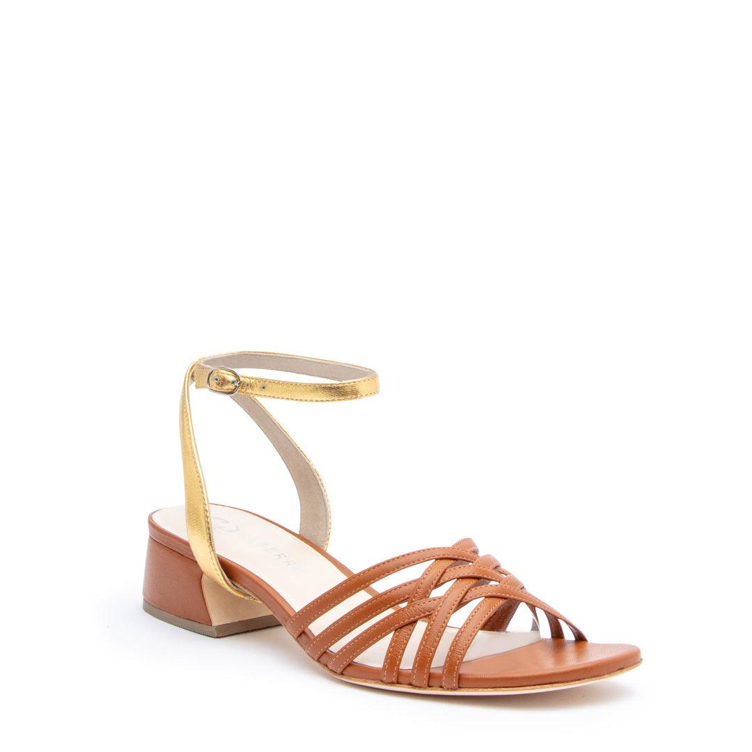 Cognac Bell Sandal + Gold Marilyn | Alterre Customizable Shoes - Women's Ethical Shoe Brand, Eco-friendly footwear