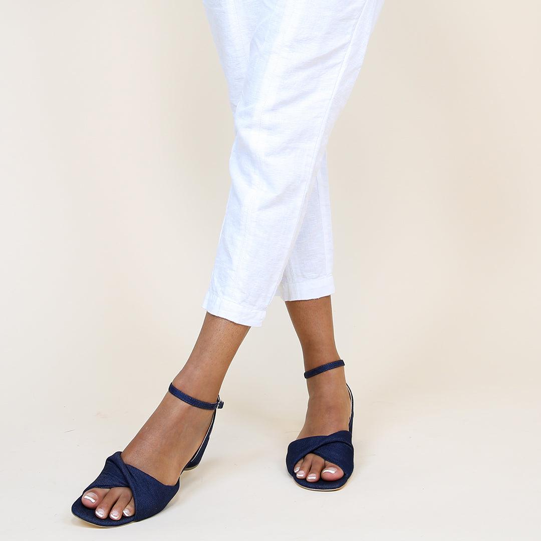 Denim Lo Twist Sandal + Marilyn | Alterre customizable womens shoes with removable shoe straps