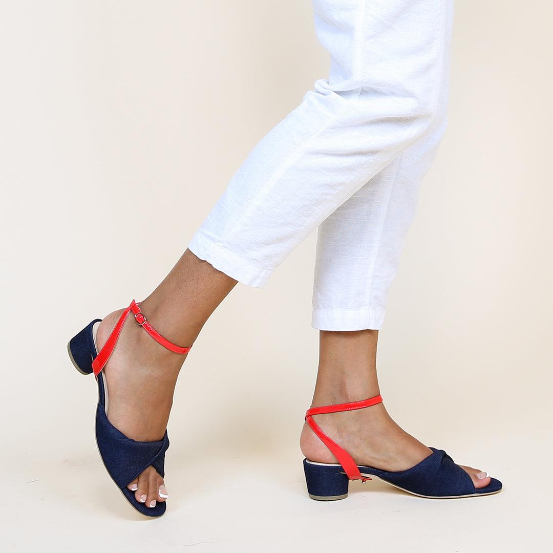 Denim Lo Twist Sandal + Red Gloss Marilyn | Alterre customizable womens shoes with removable shoe straps