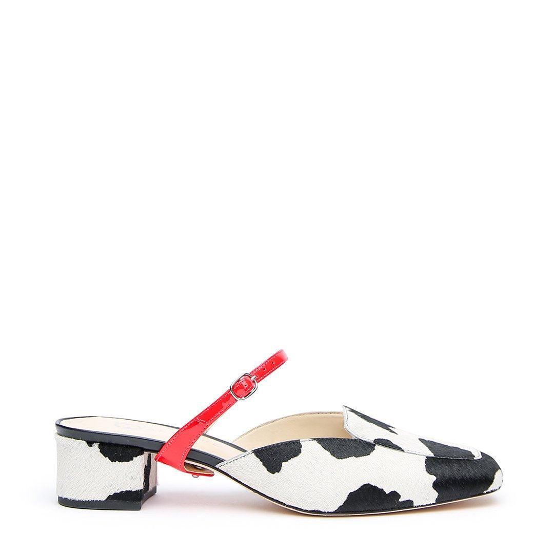Cow Print Customized Loafer + Red Gloss Twiggy Strap | Alterre Interchangeable Slides - Sustainable Shoes & Ethical Footwear