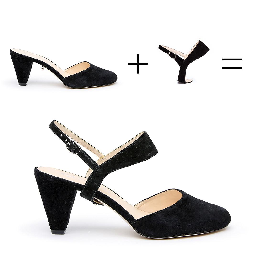 Customizable Black Suede Mules + Elsie Strap | How it works - sustainable shoes for women, ethical mules
