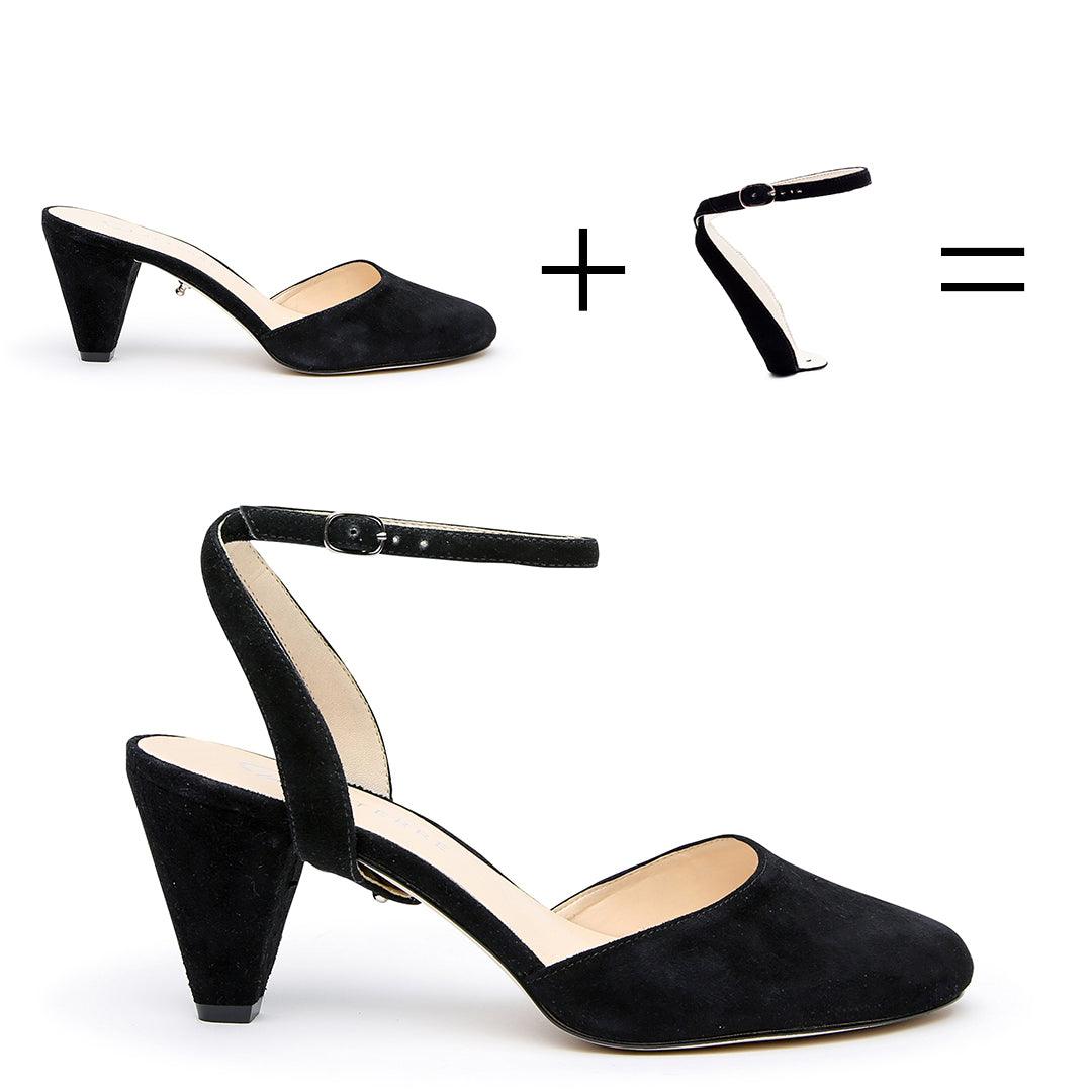 Customizable Black Suede Mules + Marilyn Strap | How it works - sustainable shoes for women, ethical mules