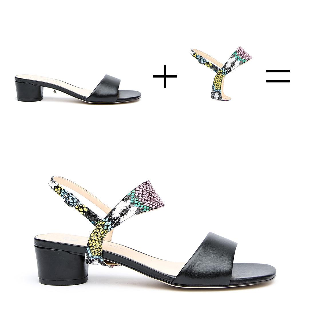 Customizable Black Leather Sandals + Acid Snake Elsie Strap | How it works - sustainable shoes for women, ethical sandals