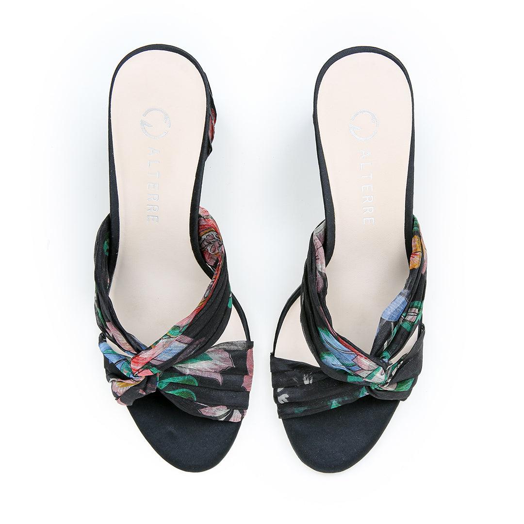 Black Floral Twist Sandal | Alterre customizable silk sandals, Sustainable heels made from reclaimed fabric